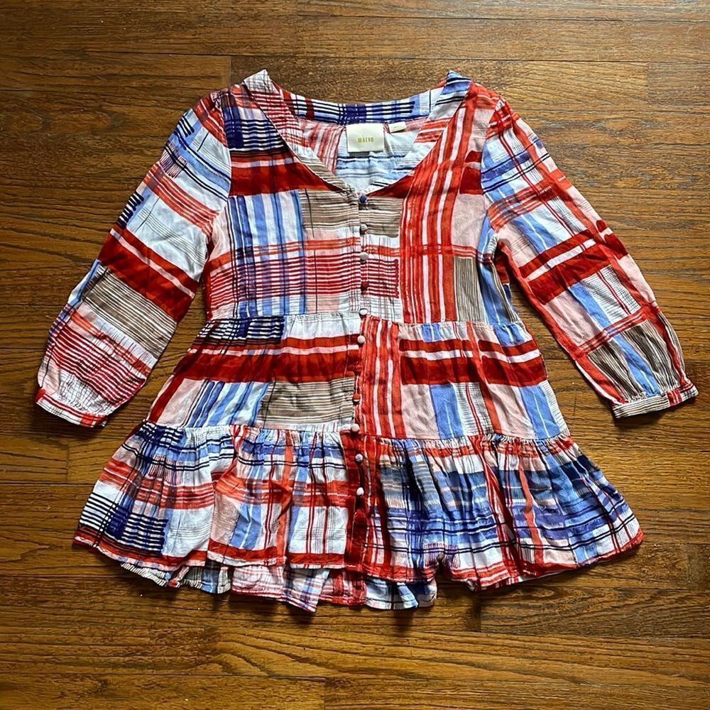 Anthropologie Maeve Red, Blue, and Tan Peplum Top